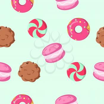 Chocolate biscuit, macaroon, caramel candy seamless pattern. Endless texture with delicious sweets. Wallpaper design with fresh confectionery. Tasty bakery. Vector illustration in flat style design
