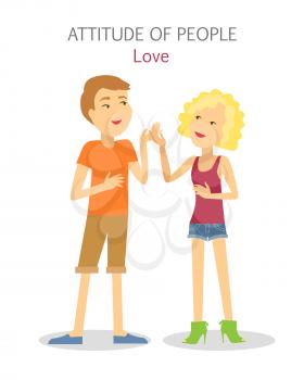 Attitude of people. Boy and girl in love. Sanguine temperament people. Happy couple, first engagement, passion, friendship, relationships. Talkative cheerful teenagers. Scientific illustration. Vector