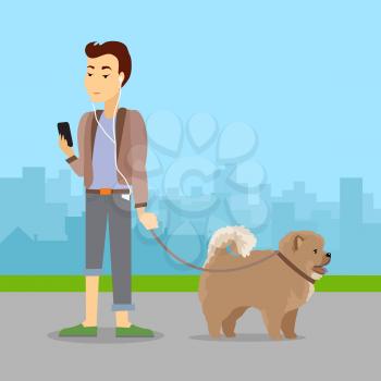 Phlegmatic temperament type boy walking with dog. Relaxed and peaceful male having fun with pet. Thoughtful, calm, patient gentleman with phone in urban city. Absent minded guy. Vector in flat style