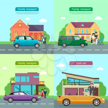 Family transport. Collection of four automobile icons. Small blue automobile, green minivan and violet car with shifted roof on road near houses and families. Cool yellow cabriolet near man. Vector