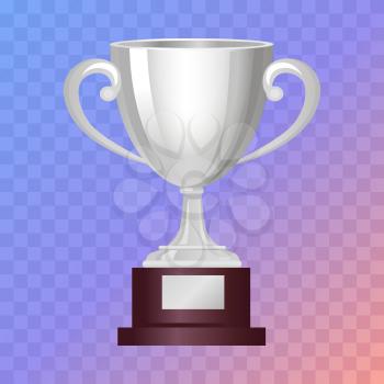 Silver cup on big base. Real award. 3d icon. Contemporary great shiny and glossy, brightly trophy on brown base. Win. Achievement. Flat design. Vector illustration