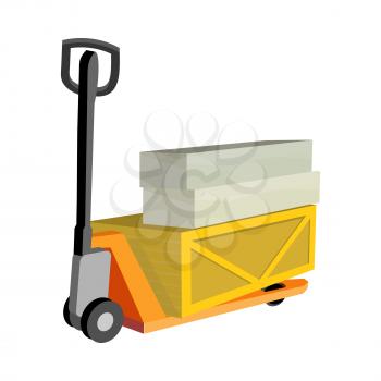 Hydraulic trolley jack with heavy boxes with goods. Buying building materials in supermarket with hand pullet truck. Delivering overall goods. Flat design illustration for ad and concepts
