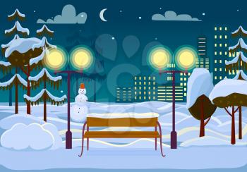 Snowy winter city park at night. Wooden bench in snow, street lights, snowy trees, snowman, city buildings, moon and stars flat vectors. Winter idyll. Peaceful place for strolling at Christmas eve 