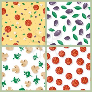Seamless pattern with tomatoes, olives, mushrooms, basil, parsley in flat style. Wallpaper design with vegetarian food ingredients. For pizzeria, restaurant ad, logo design, delivery service. Vector