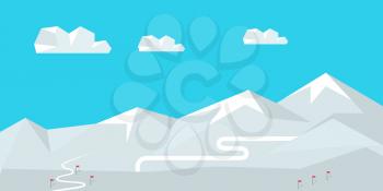 Winter landscape with snow covered mountains. Mountains with snow in winter. Mountains landscape, abstract blue panoramic view. Mountains ski resort. Nature background. Vector illustration.