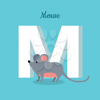 Mouse with letter M isolated on blue. Rodent with pointed snout, small rounded ears, a body-length scaly tail and a high breeding rate. Part of alphabetic series with animals. ABC, alphabet. Vector