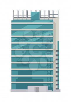 Unfinished building icon. Skyscraper. Floors with glass. Rows and columns of metal scaffolding over rectangular windows on building outdoors. Cartoon style. Modern architecture. Vector illustration