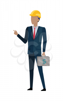 Successful architect is standing and holding a bag of money in his hands. Man in black suit and yellow helmet. Red tie. Case with dollars. Cartoon style. Chef investor businessman. Flat design. Vector
