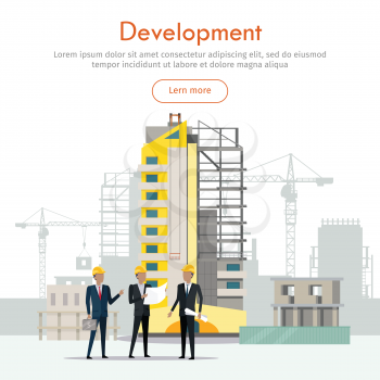 Development. Three businessmen in yellow helmets discussing new project. Bag of money. Unfinished high yellow building behind. Industrial cranes. Web Banner. Cartoon design. Flat style. Vector