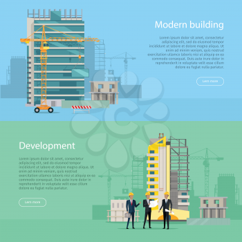 Modern building. Development. Web banner. Collection of two illustrations. Simple cartoon style. Flat design. Unfinished building. Men in black suits and helmets standing near high house. Vector