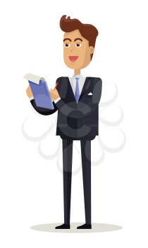 Journalist character vector. Cartoon in flat style design. Smiling man in business suite takes notes in notepad.  Illustration for business concepts, icons, infographics. Isolated on white background.