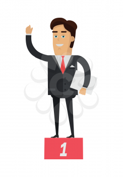 Winner on pedestal flat style vector. Smiling businessman with papers standing on first place of pedestal. Success and victory in competition. For business concepts. Isolated on white background.  