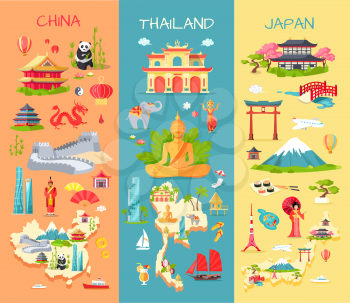 Collection of three asian countries. China. Thailand. Japan. Specific features of each country. Panda, long wall, dragon, statues. Elephant, modern building Buddha ship Mountain sushi Vector