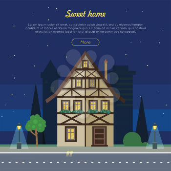Sweet home web banner. Half-timbered house on night city street flat vector illustration. Own dream dwelling. Fachwerk comfortable house for family. For real estate, building company landing page