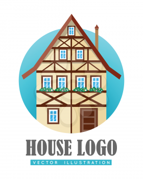 House logo. Old half-timbered house flat vector illustration isolated on white background. Comfortable fachwerk dwelling icon. Ecological construction. For building, architectural, estate company ad 