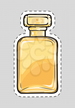 Stylish yellow perfume flacon for women. Cut it out. Illustration of isolated female odour in cartoon style. Nosegay in rectangular bottle with rounded corners. New scent. Fashion. Flat design. Vector