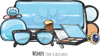 Women items and accessories. Illustration of blue purse, face powder, perfume, sunglasses, ring, eyeshadows palette. Fashionable female objects on blue. Poster. Cartoon style. Flat design Vector