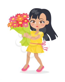 Smiling girl with black long hair with colourful bouquet of flowers. Nice female person in yellow dress with closed eyes. Cartoon style. Kindergarten lady avatar. Flat design. Vector illustration