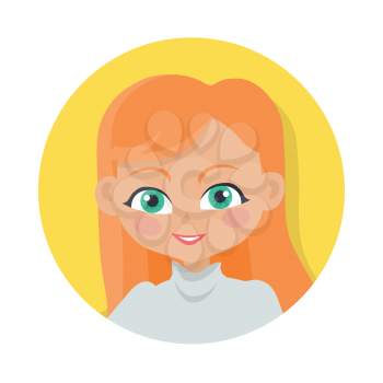 Girl with long red hair and forelock avatar userpic. Portrait of nice female person with green eyes and flush. Grey turtleneck. Lady in circle. Cartoon style. Flat design. Vector illustration