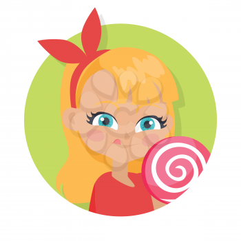 Girl with long hair and red bow on head suck candy. Portrait of nice female person with blue eyes. Red blouse. Big lollipop. Cartoon style. Kindergarten concept. Flat design. Vector illustration
