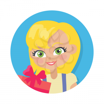 Girl with fair hair and forelock avatar userpic. Portrait of female person with green eyes. Yellow t-shirt. Big red gift box. Blonde woman in cartoon style. Flat design. Vector illustration