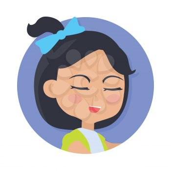 Girl with black pigtail and blue bow avatar userpic. Speaking young person with close eyes. Girl in round button. Portrait of nice female person in green-blue t-shirt. Simple cartoon style. Vector
