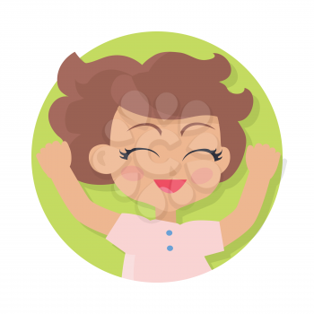 Illustration of isolated girl with short brown wavy hair. Closed eyes. Portrait of nice female person in pink t-shirt. Pink flush on face. Simple cartoon style. Front view. Flat design. Vector