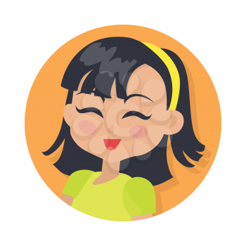 Smiling girl with black bob haircut avatar userpic. Dark forelock. Portrait of nice female person in bright blouse. Closed eyes. Simple cartoon style. Front view. Flat design. Vector illustration