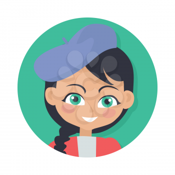 Smiling girl with black braid avatar userpic. Dark forelock. Blue hat. Portrait of nice female person in red blouse. Green eyes. Adorable girl with plait. Simple cartoon style. Flat design. Vector