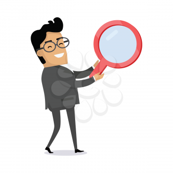 Searching information icon. Smiling man in business suit with big red magnifying glass flat vector illustration isolated on white background. For job, solution, data, people search illustrating