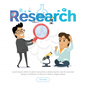 Research web banner. Businessman with magnifying glass and scientist with microscope flat cartoon vector illustrations on white. Searching solution concept. For science, marketing company landing page