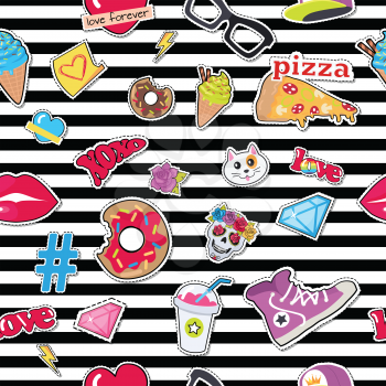 Seamless pattern male colourful rap cap, violet sport footwear, pizza, bitten doughnut, muzzle of cat, human skull with flower, diamond, lips, glasses, ice cream, love, cocktail, thunder sign hashtag