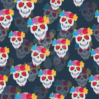 Human skull and flower wreath seamless pattern. Endless texture of isolated cranium decorated with blossoms on blue. Colourful roses with leaves. Flowers instead of eyes. Cartoon flat style. Vector