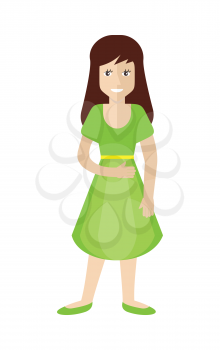 Female character in green dress and shoes isolated on white in flat design. Woman template personnage illustration for feminist concepts, fashion app, logos, infographic. Fashion girl. Vector