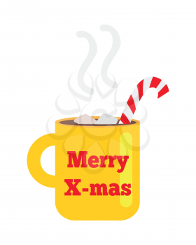 Merry Christmas yellow cup with handle. Striped red-white bent straw. Hot drink inside. Steam. Pieces of sugar. Illustration of isolated teacup with red inscription. Flat style. Cartoon design. Vector