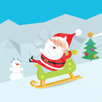 Cartoon Santa Claus riding a wooden green sleigh. Snowman. Christmas tree decorated with different bows and toys. Santa comfortably sitting in sledge. Flat design. Hills covered with snow. Vector
