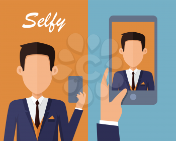 Selfy on smartphone. Young man taking own self portrait with mobile phone. Modern life with selfie photo camera. Selfie smile vector concept. Man in jacket and tie shows his photo on displlay