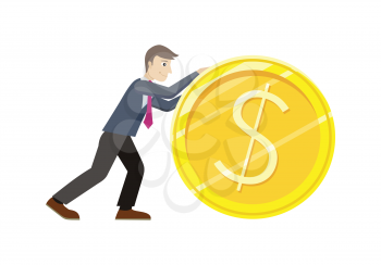 Investment concept flat style vector. Smiling businessman rolls giant gold dollar coin. Increasing capital and profits. Income, investing, loan, savings, wages illustration for business concepts.