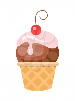 Ball of ice cream in cone with one cherry. Crispy brown round waffle cup. Chocolate ice with pink flowering topping. Tasty confectionery. Simple cartoon design. Flat design. Side view. Vector