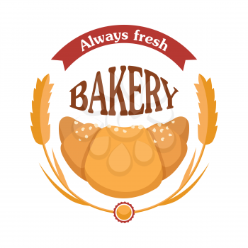Always fresh bakery. Croissant icon with wheat. Tasty bakery logo. Sign symbol for confectionery bread shop. Isolated fresh baked bun. Some white crumbs. Flat design. Vector illustration