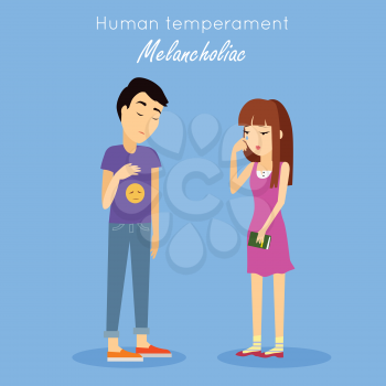 Melancholic type of human temperament concept. Sad young woman and man characters depressing and crying flat vector. People personality reactions and problems. For psychological tests illustrating