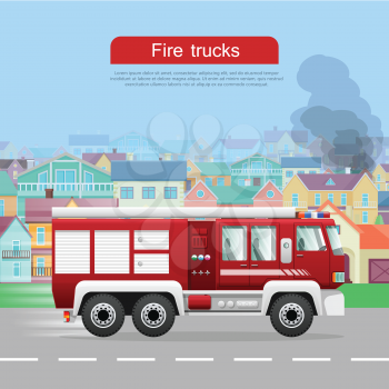 Fire trucks banner. Modern fire engine rides on fire, town buildings, smoke flat vector illustrations. Fire apparatus, fire appliance concept. For firefighting company, fire department web page design