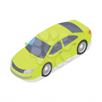 Green car isometric projection icon. Personal passenger automobile vector illustration isolated on white background. City transport. For game environment, traffic infographics, logo, web design