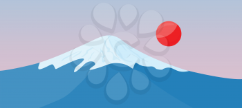 Fuji mountain with snow on the top and red sun isolated on white background. Japanese landscape. The highest mountain peak in Japan. Part of series of travelling around the world. Vector illustration