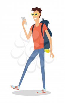 Hiking with backpack illustration. Summer vacation in journey concept. Smiling young man in sunglasses with phone and  backpack full of supplies making photos flat vector isolated on white background