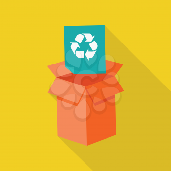 Waste recycling icon with long shadow on yellow background. Orange cardboard box with recycling symbol. Sorting process different types of waste. Garbage destroying. Vector illustration.