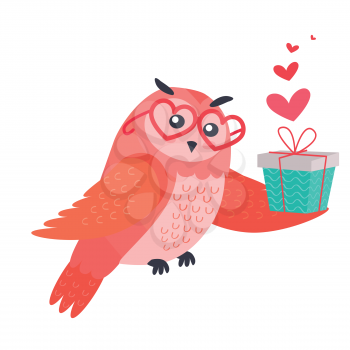 Owl bird in heart shape glasses holding present box in the wing isolated on white. Bird of Minerva greetings. Cute cartoon greeting card design. Valentines day concept vector illustration in flat style