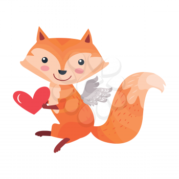Fox with angel wings holds red heart in paws isolated on white. Sexy vixen with bushy tail. Cute cartoon animal post card design. Valentines day concept vector illustration in flat style