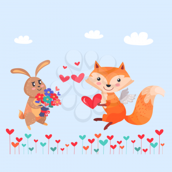 Bunny with bouquet of flowers and fox with angel wings holding red heart in paws on cartoon lawn. Romantic hare wishes you love. Lovely rabbit and sexy vixen with bushy tail. Valentines day vector