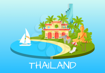 Thailand touristic banner with national symbols. Thai cultural, architectural and nature famous attractions flat vector illustration. Vacation in asian exotic country concept for travel company ad